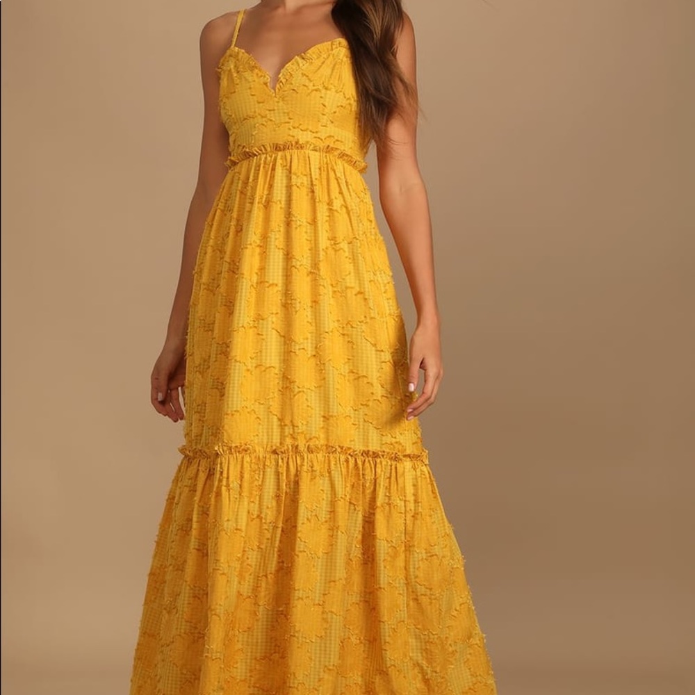 Charm and Charisma Mustard Yellow Burnout Floral Midi Dress, size Large